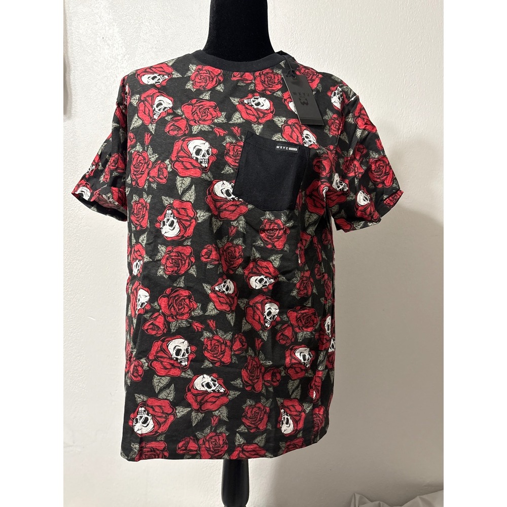 WXYZ by Will.i.am Mens Skull and Roses Graphic Pocket T-Shirt Black Red Size L